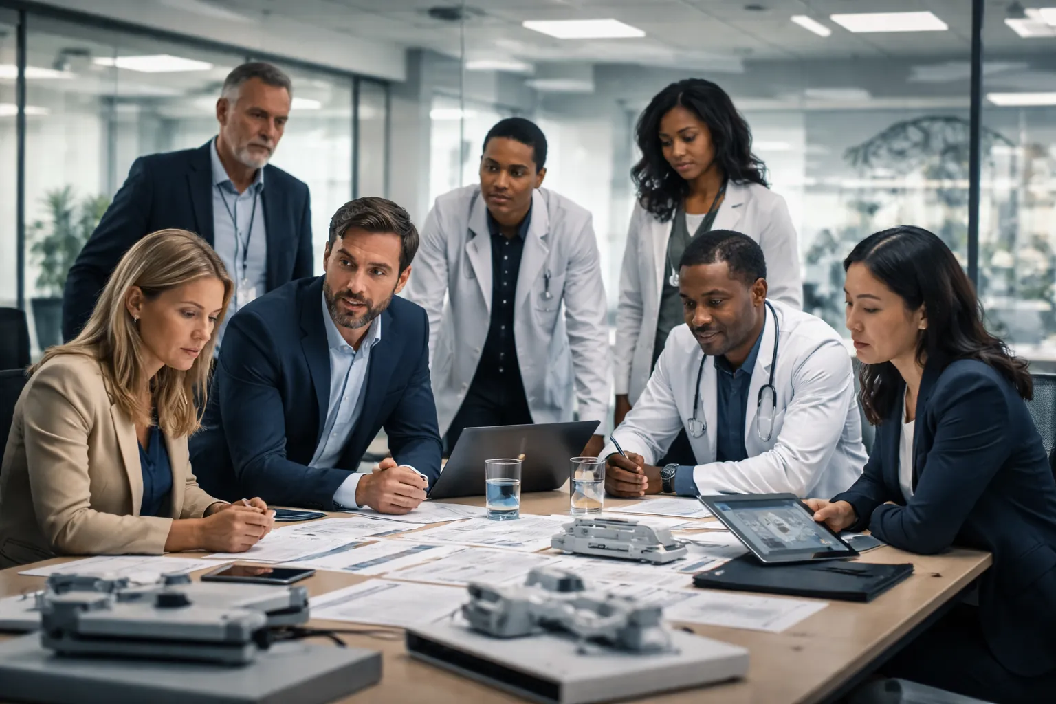 Doctors and business team reviewing prototypes
