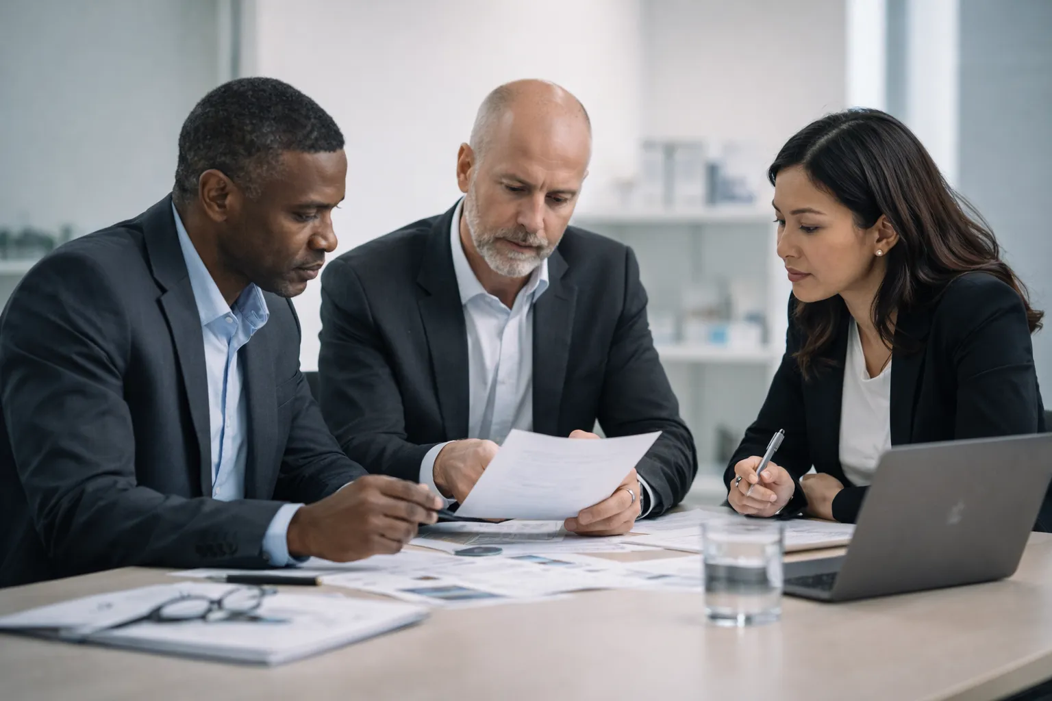Three colleagues reviewing a document together at a conference table
