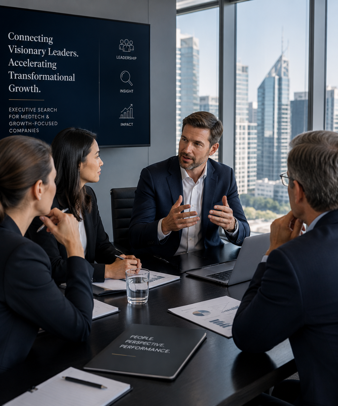 Corporate meeting with a city view